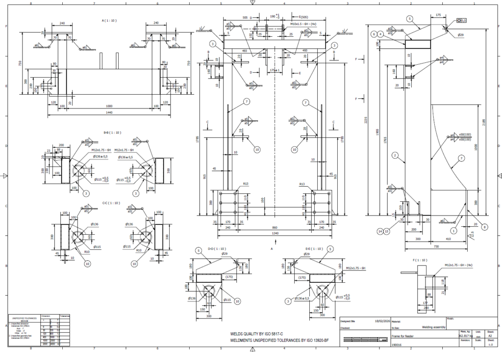 Detailed welding frame assembly drawing – 3D CAD engineering for heavy-duty industrial structures